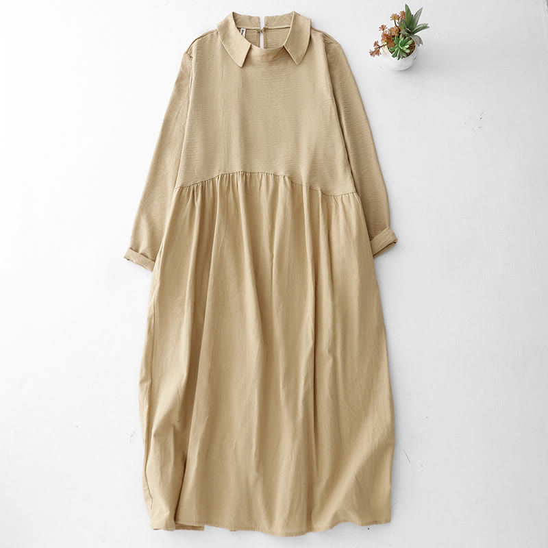 Buddha Stones Spring Plain Lapel Long Sleeve Cotton Linen Midi Dress With Pockets - PaleGoldenrod - US8-10,UK/AU12-14,EU40-42 (2XL) - image 7