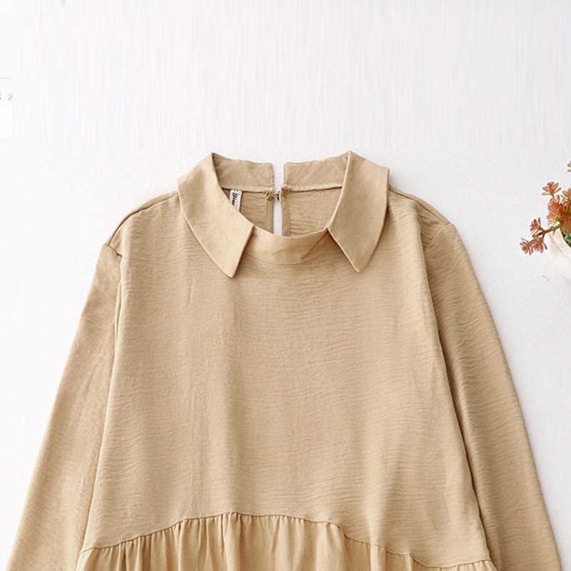 Buddha Stones Spring Plain Lapel Long Sleeve Cotton Linen Midi Dress With Pockets - image 10