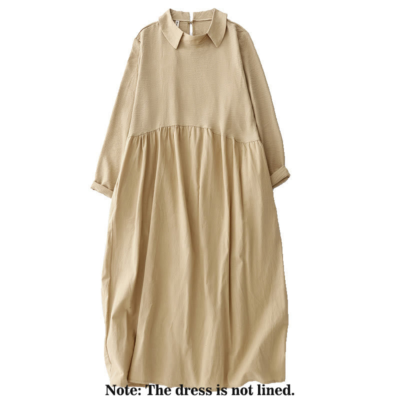 Buddha Stones Spring Plain Lapel Long Sleeve Cotton Linen Midi Dress With Pockets - image 8