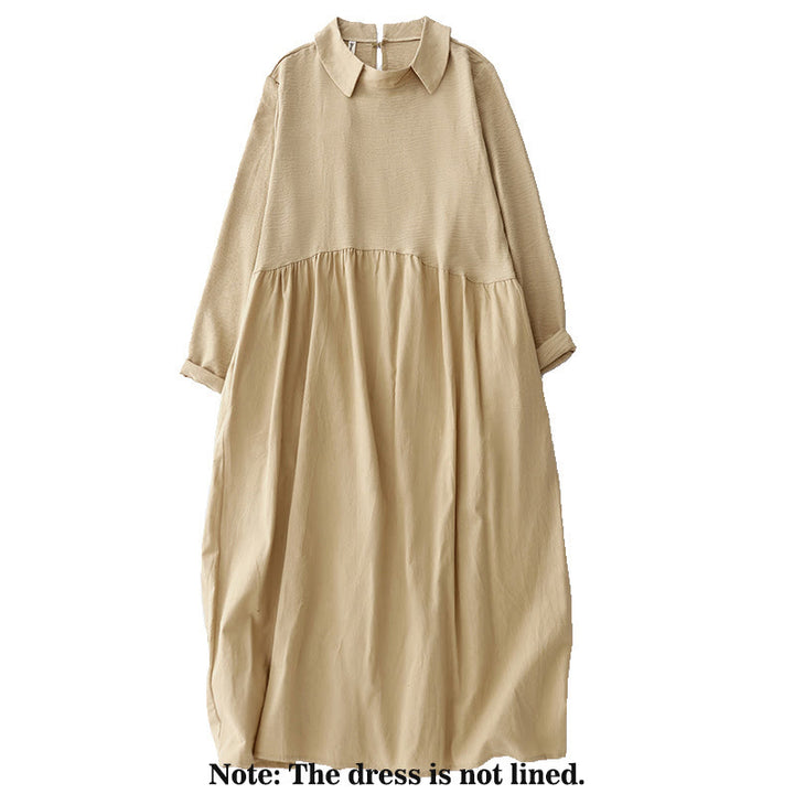 Buddha Stones Spring Plain Lapel Long Sleeve Cotton Linen Midi Dress With Pockets - image 8