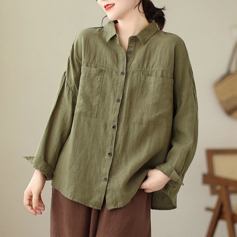Buddha Stones Casual Plain Women's Cotton Linen Long Sleeve Shirt - DarkKhaki - US14,UK/AU18,EU46 (2XL) - image 16