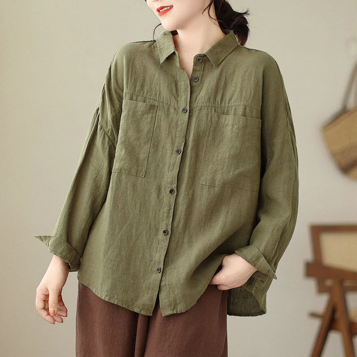 Buddha Stones Casual Plain Women's Cotton Linen Long Sleeve Shirt - DarkKhaki - US14,UK/AU18,EU46 (2XL) - image 16