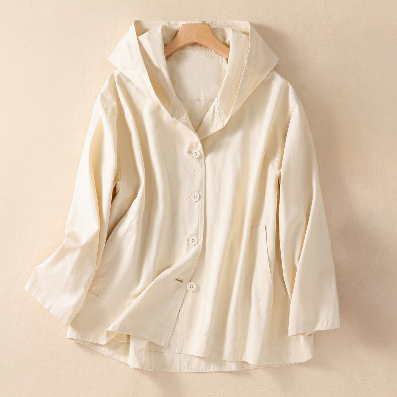 Buddha Stones Pure Color Hooded Women's Long Sleeve Cotton Jacket With Pockets - OldLace - US14,UK/AU18,EU46 (2XL) - image 6