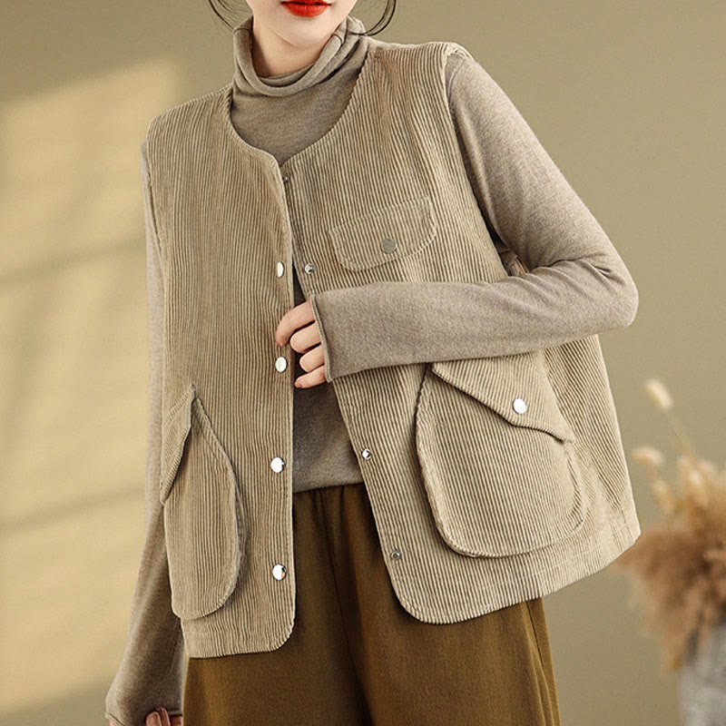 Buddha Stones Sleeveless Buttons Women's Cotton Vest Corduroy Waistcoat With Pockets - image 3