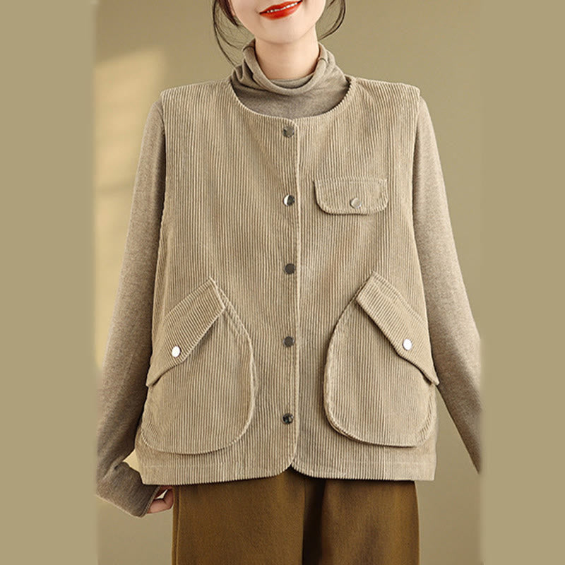 Buddha Stones Sleeveless Buttons Women's Cotton Vest Corduroy Waistcoat With Pockets - image 5