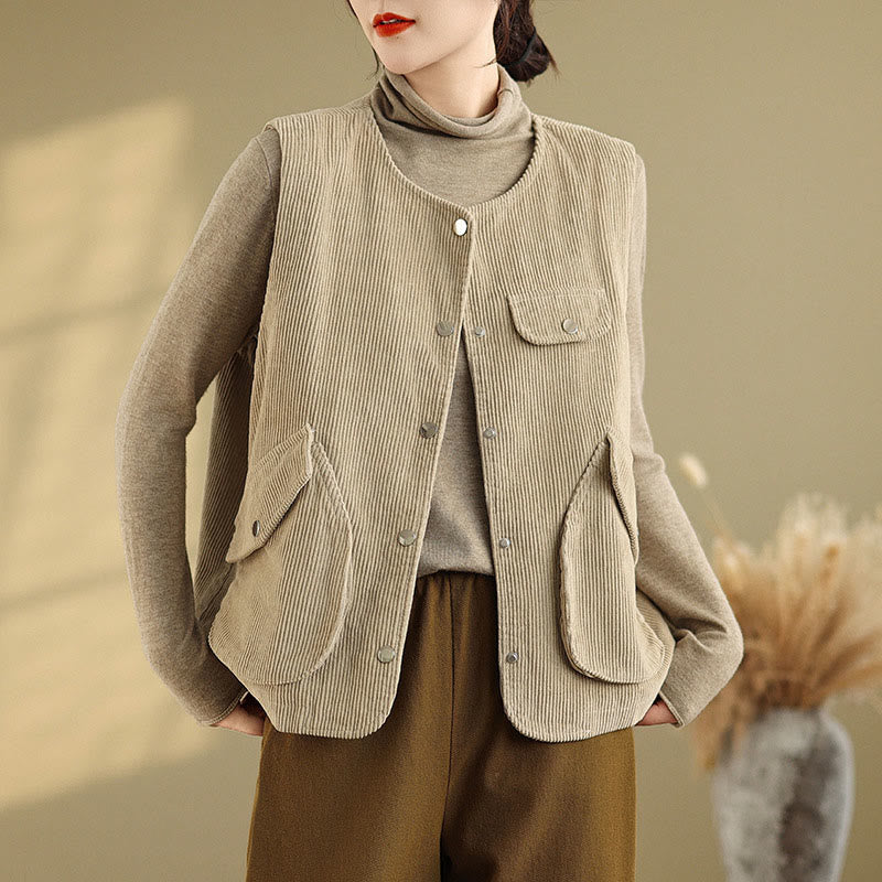 Buddha Stones Sleeveless Buttons Women's Cotton Vest Corduroy Waistcoat With Pockets - Wheat - US14,UK/AU18,EU46 (2XL) - image 0