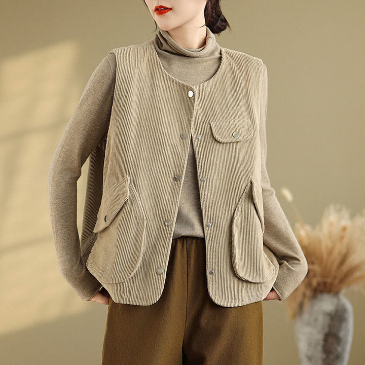 Buddha Stones Sleeveless Buttons Women's Cotton Vest Corduroy Waistcoat With Pockets - Wheat - US14,UK/AU18,EU46 (2XL) - image 0