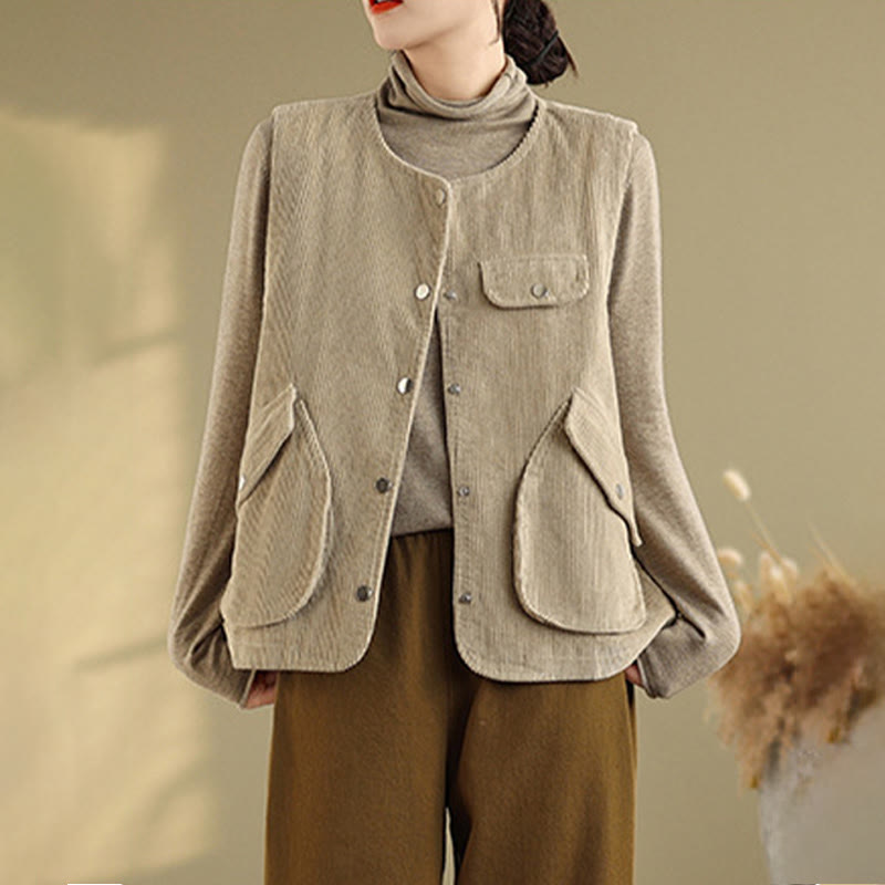 Buddha Stones Sleeveless Buttons Women's Cotton Vest Corduroy Waistcoat With Pockets - image 4
