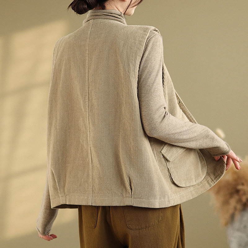 Buddha Stones Sleeveless Buttons Women's Cotton Vest Corduroy Waistcoat With Pockets - image 2