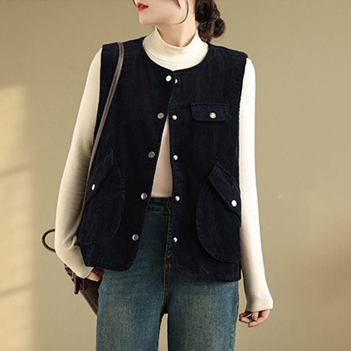 Buddha Stones Sleeveless Buttons Women's Cotton Vest Corduroy Waistcoat With Pockets - Black - US14,UK/AU18,EU46 (2XL) - image 6