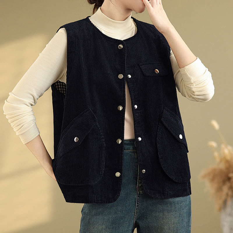 Buddha Stones Sleeveless Buttons Women's Cotton Vest Corduroy Waistcoat With Pockets - image 8