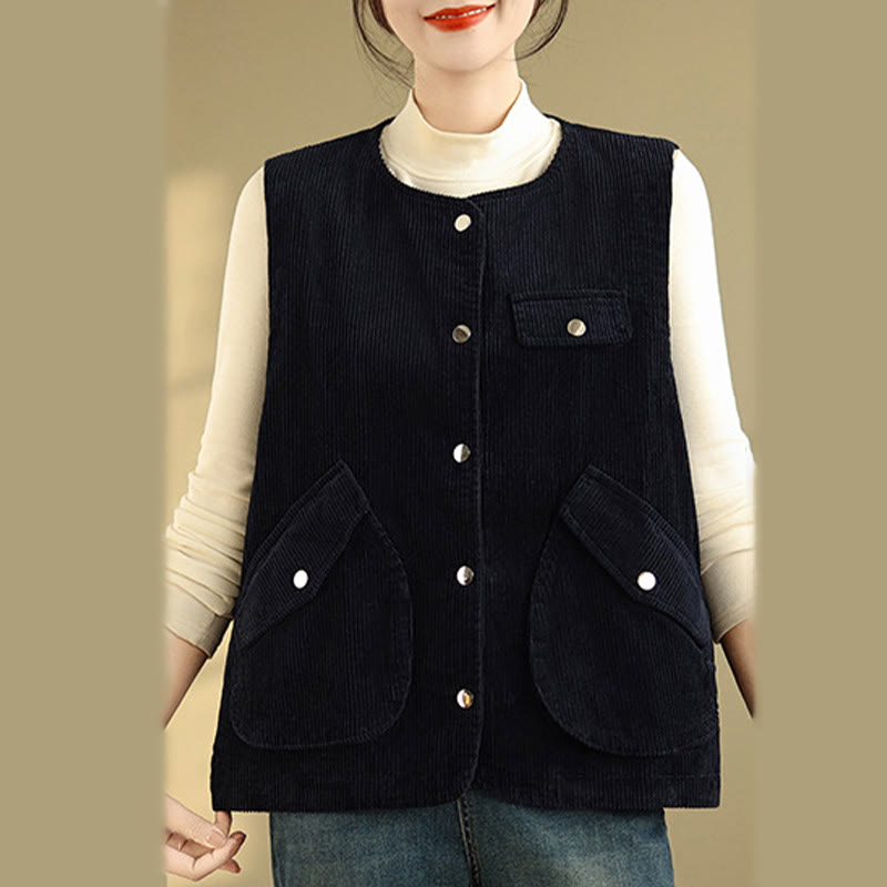Buddha Stones Sleeveless Buttons Women's Cotton Vest Corduroy Waistcoat With Pockets - image 7