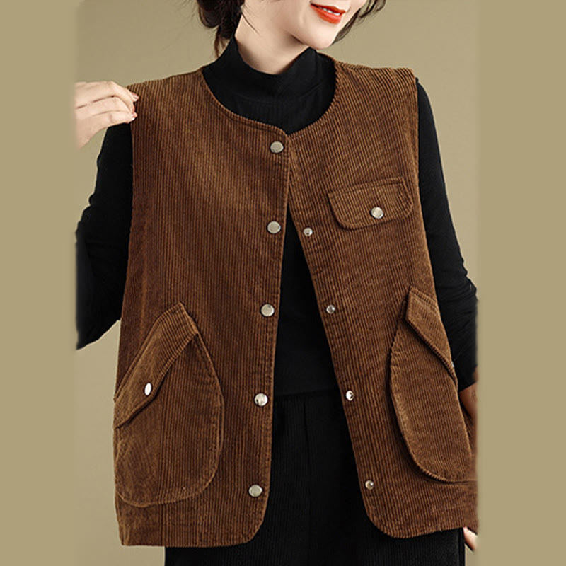 Buddha Stones Sleeveless Buttons Women's Cotton Vest Corduroy Waistcoat With Pockets - image 10