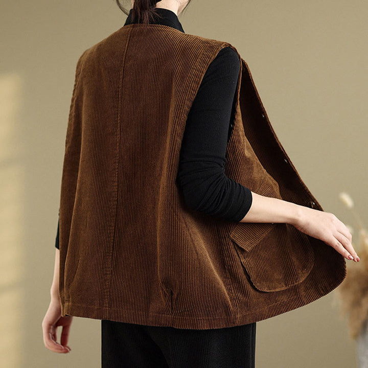 Buddha Stones Sleeveless Buttons Women's Cotton Vest Corduroy Waistcoat With Pockets - image 15