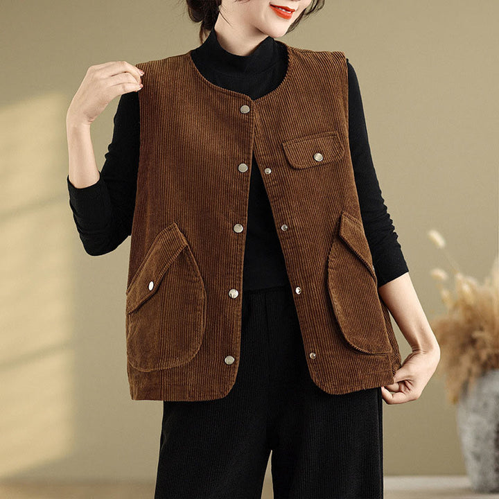 Buddha Stones Sleeveless Buttons Women's Cotton Vest Corduroy Waistcoat With Pockets - image 11
