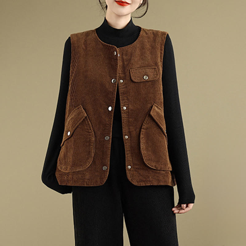 Buddha Stones Sleeveless Buttons Women's Cotton Vest Corduroy Waistcoat With Pockets - image 12