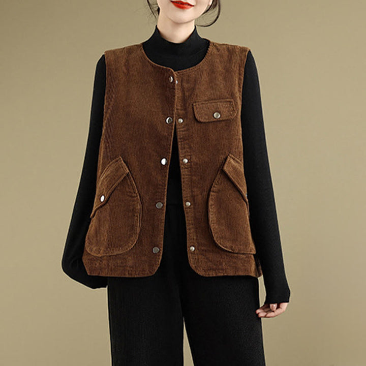 Buddha Stones Sleeveless Buttons Women's Cotton Vest Corduroy Waistcoat With Pockets - image 12