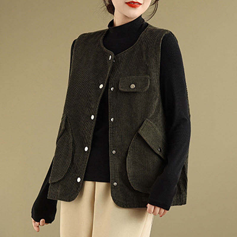 Buddha Stones Sleeveless Buttons Women's Cotton Vest Corduroy Waistcoat With Pockets - image 20
