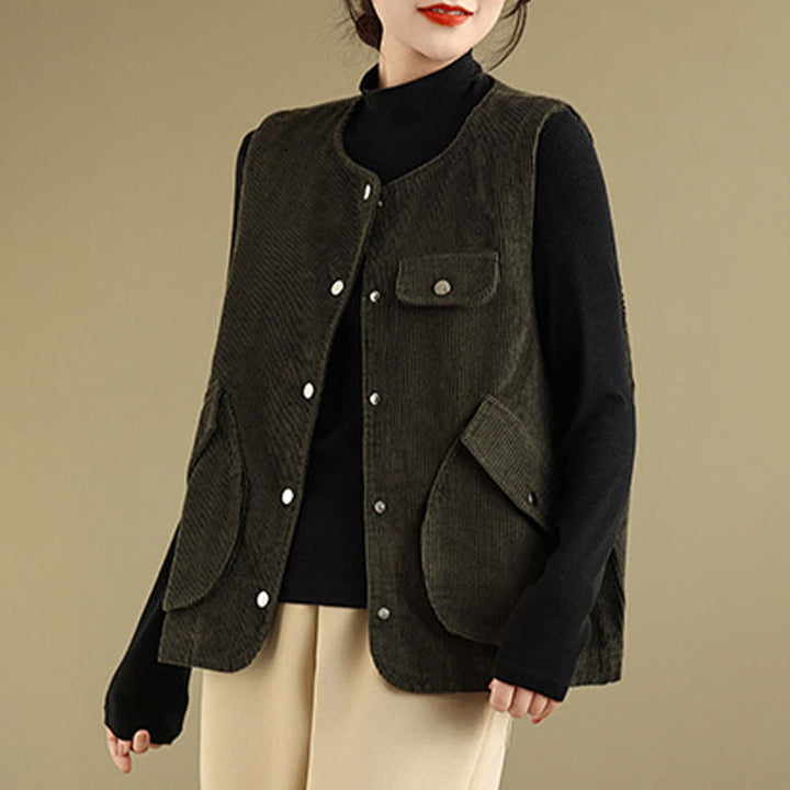 Buddha Stones Sleeveless Buttons Women's Cotton Vest Corduroy Waistcoat With Pockets - image 20