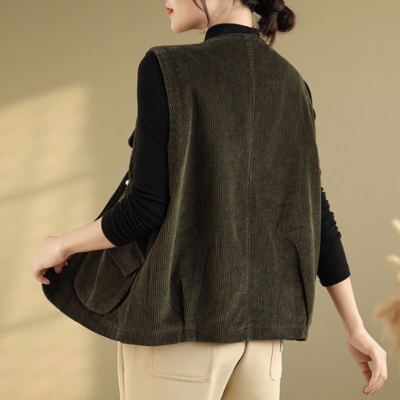 Buddha Stones Sleeveless Buttons Women's Cotton Vest Corduroy Waistcoat With Pockets - image 23