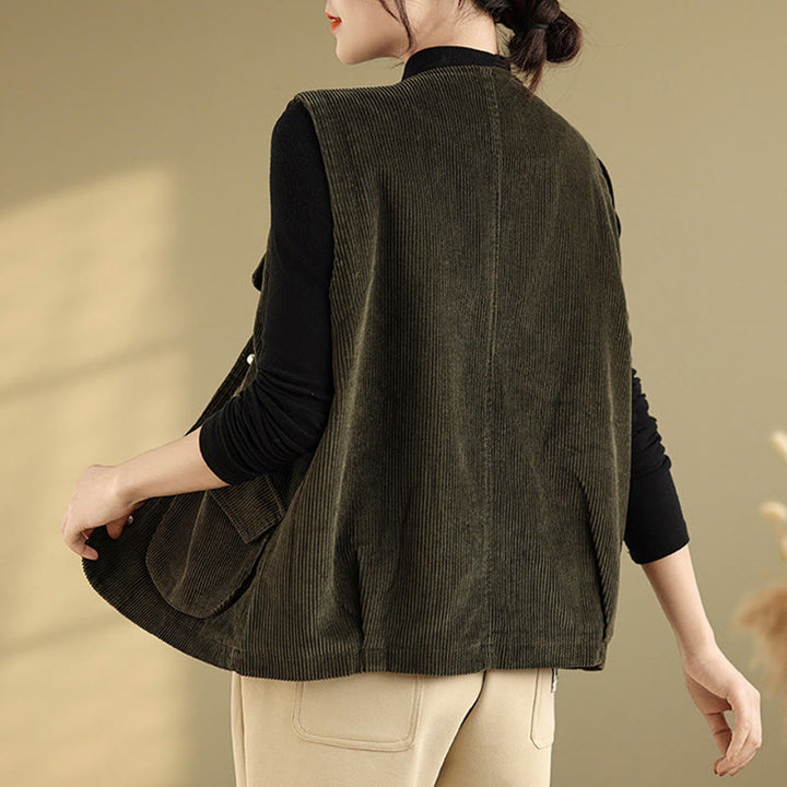 Buddha Stones Sleeveless Buttons Women's Cotton Vest Corduroy Waistcoat With Pockets - image 23