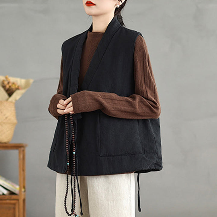 Buddha Stones Plain Lace-up Women's Sleeveless Cotton Vest Waistcoat With Pockets - image 1