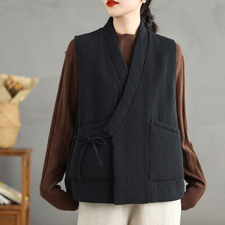 Buddha Stones Plain Lace-up Women's Sleeveless Cotton Vest Waistcoat With Pockets - Black - US12,UK/AU16,EU44 (2XL) - image 0