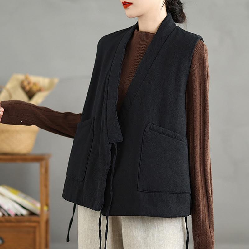 Buddha Stones Plain Lace-up Women's Sleeveless Cotton Vest Waistcoat With Pockets - image 4