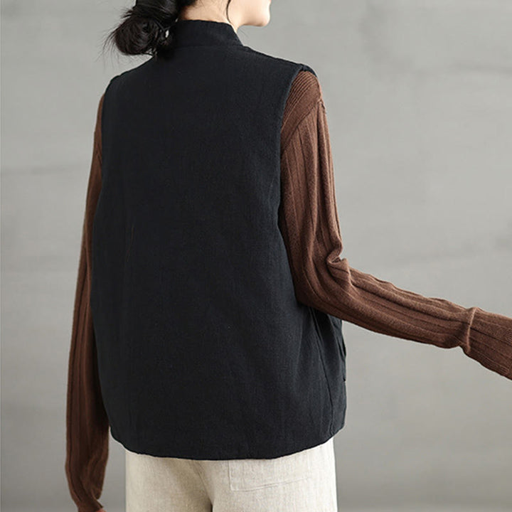 Buddha Stones Plain Lace-up Women's Sleeveless Cotton Vest Waistcoat With Pockets - image 2