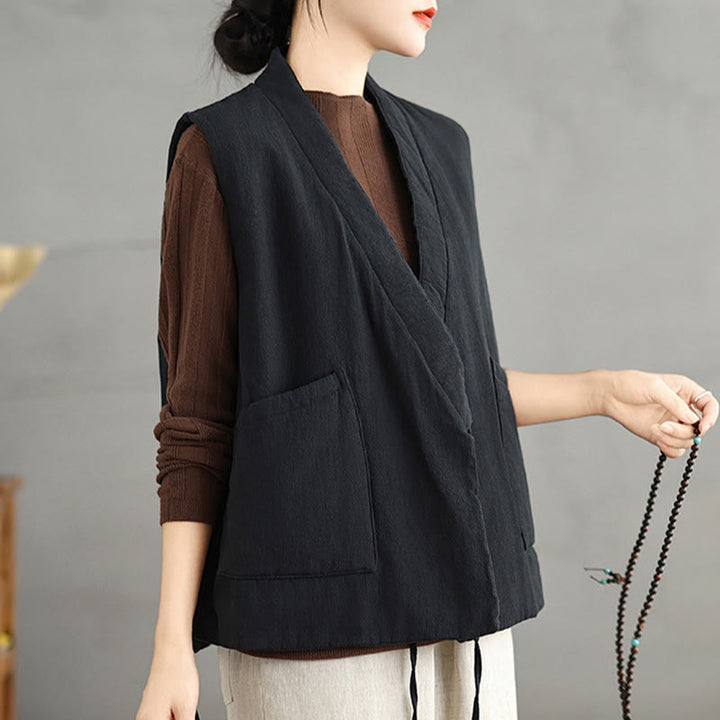 Buddha Stones Plain Lace-up Women's Sleeveless Cotton Vest Waistcoat With Pockets - image 5