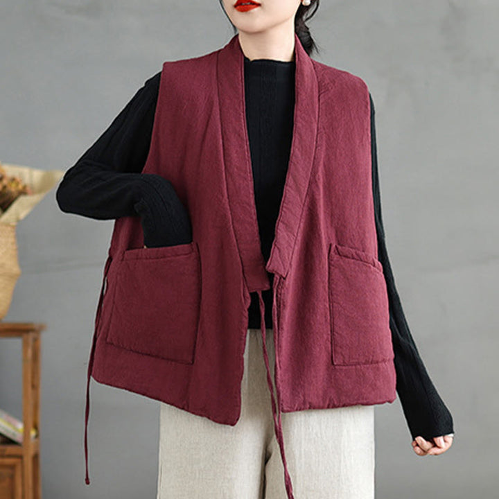 Buddha Stones Plain Lace-up Women's Sleeveless Cotton Vest Waistcoat With Pockets - image 8