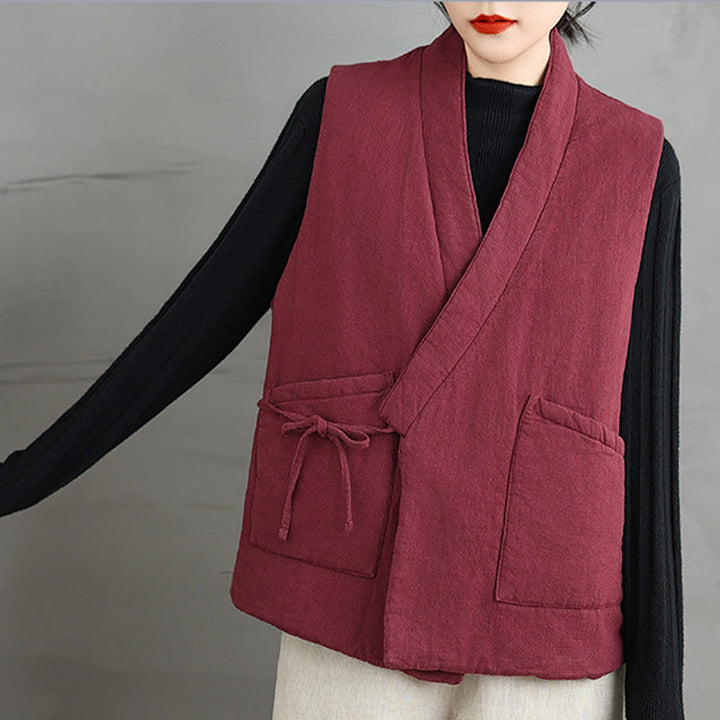 Buddha Stones Plain Lace-up Women's Sleeveless Cotton Vest Waistcoat With Pockets - image 11