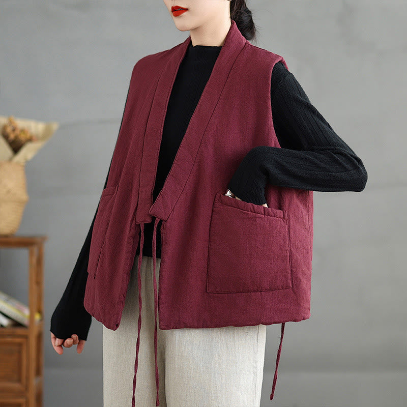 Buddha Stones Plain Lace-up Women's Sleeveless Cotton Vest Waistcoat With Pockets - image 7