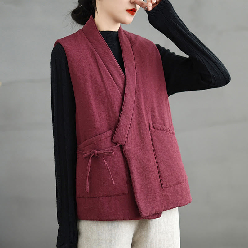 Buddha Stones Plain Lace-up Women's Sleeveless Cotton Vest Waistcoat With Pockets - image 9