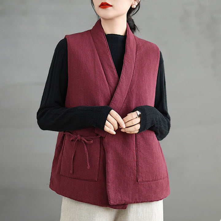 Buddha Stones Plain Lace-up Women's Sleeveless Cotton Vest Waistcoat With Pockets - IndianRed - US12,UK/AU16,EU44 (2XL) - image 6