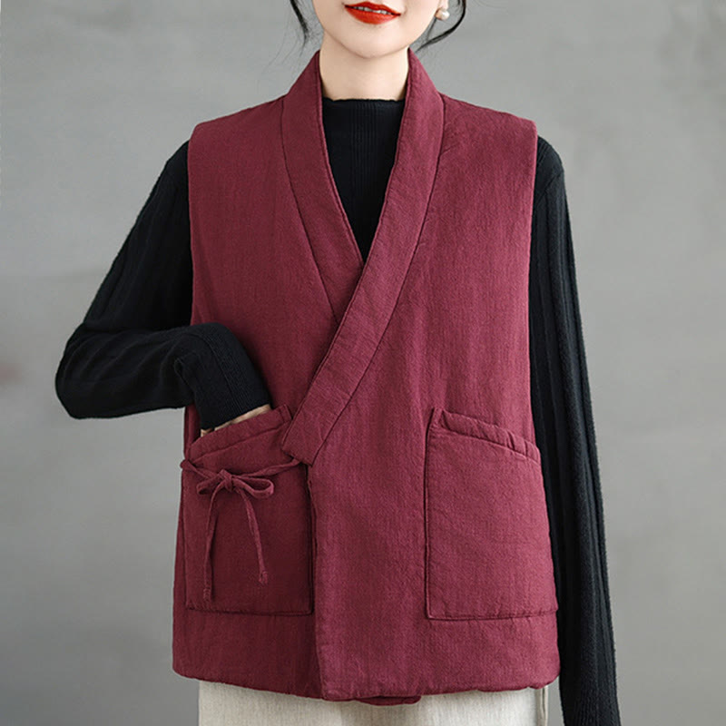 Buddha Stones Plain Lace-up Women's Sleeveless Cotton Vest Waistcoat With Pockets - image 10