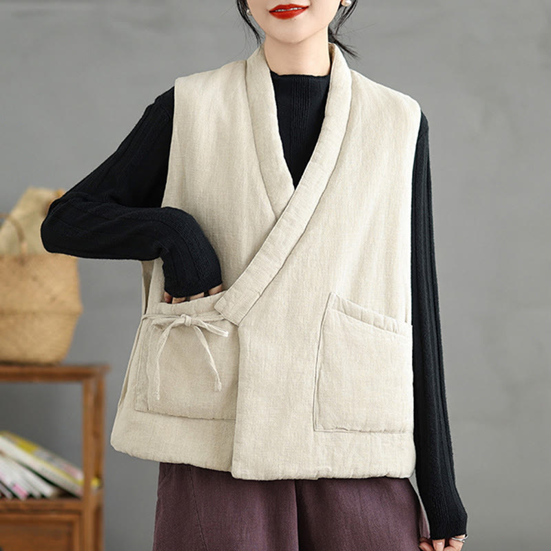 Buddha Stones Plain Lace-up Women's Sleeveless Cotton Vest Waistcoat With Pockets - image 19