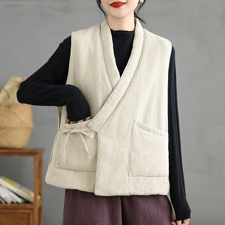 Buddha Stones Plain Lace-up Women's Sleeveless Cotton Vest Waistcoat With Pockets - image 19