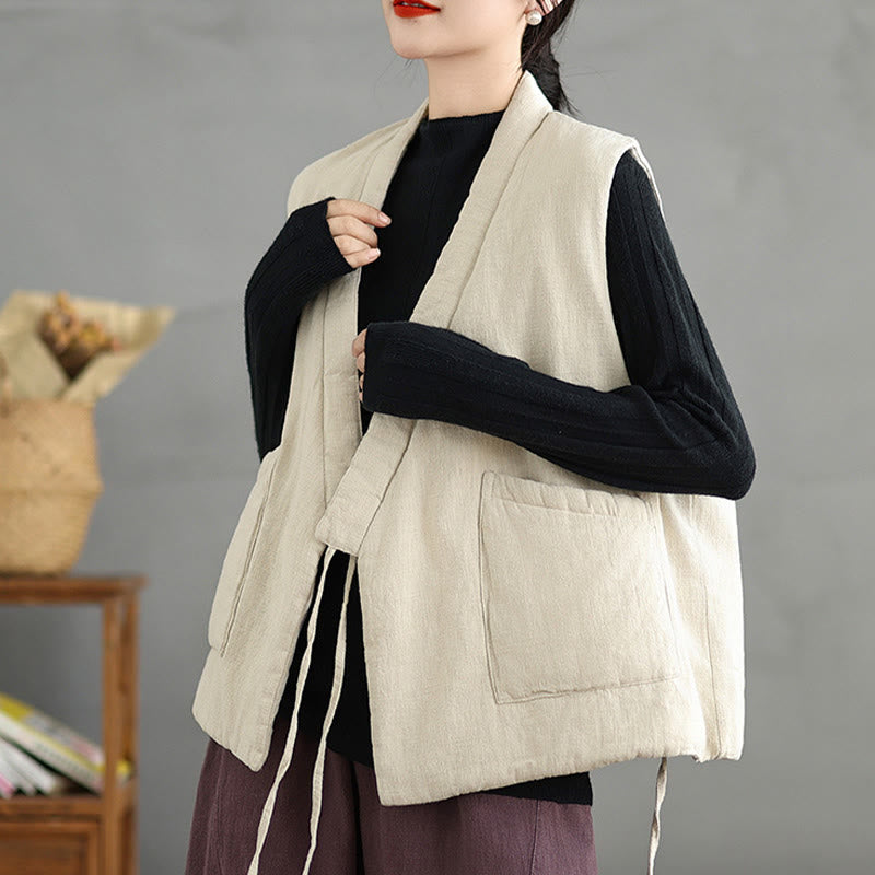 Buddha Stones Plain Lace-up Women's Sleeveless Cotton Vest Waistcoat With Pockets - image 21