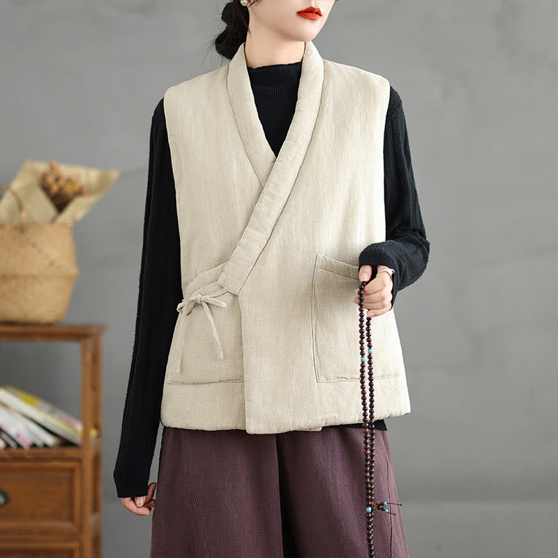 Buddha Stones Plain Lace-up Women's Sleeveless Cotton Vest Waistcoat With Pockets - image 18