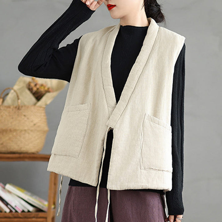 Buddha Stones Plain Lace-up Women's Sleeveless Cotton Vest Waistcoat With Pockets - image 17