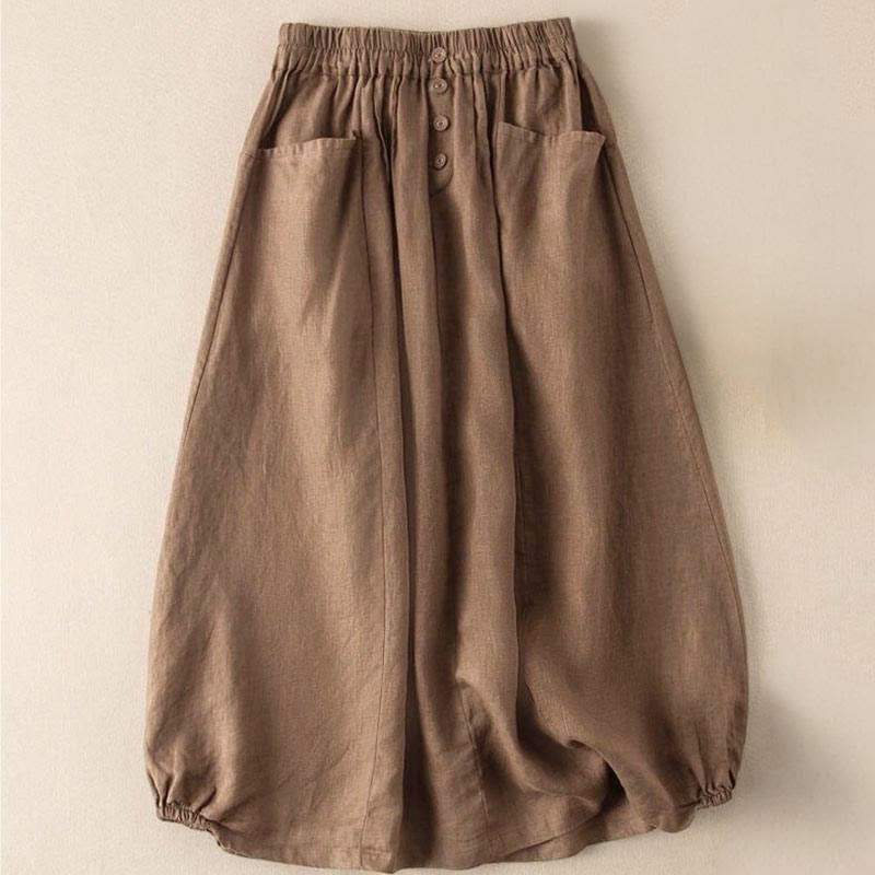 Buddha Stones Summer Solid Button Elastic Waist 7-8 Length Women's Skirt With Pockets - image 2