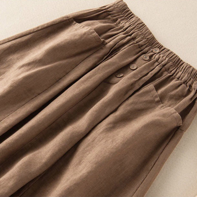 Buddha Stones Summer Solid Button Elastic Waist 7-8 Length Women's Skirt With Pockets - image 1