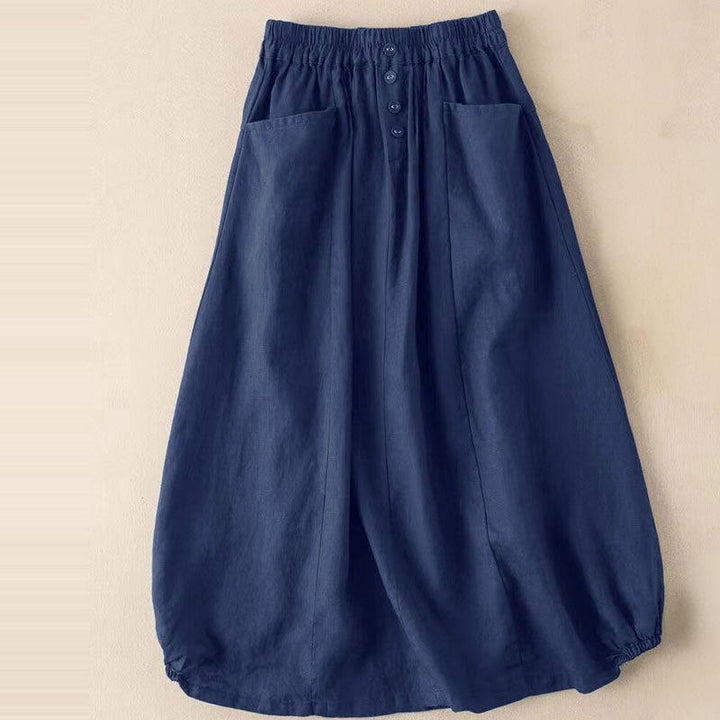 Buddha Stones Summer Solid Button Elastic Waist 7-8 Length Women's Skirt With Pockets - Navy - US16,UK/AU20,EU48 (5XL) - image 3