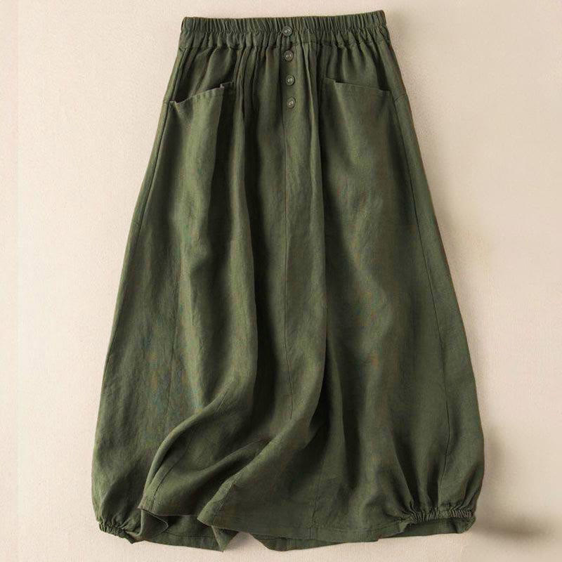 Buddha Stones Summer Solid Button Elastic Waist 7-8 Length Women's Skirt With Pockets - DarkOliveGreen - US16,UK/AU20,EU48 (5XL) - image 4