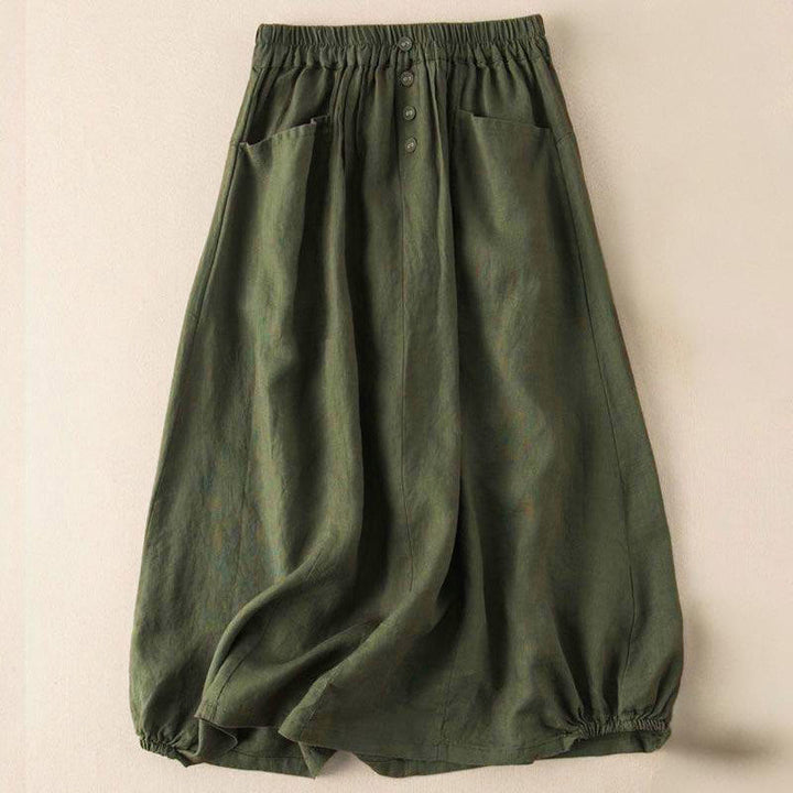 Buddha Stones Summer Solid Button Elastic Waist 7-8 Length Women's Skirt With Pockets - DarkOliveGreen - US16,UK/AU20,EU48 (5XL) - image 4