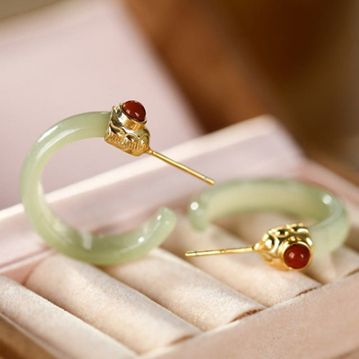 Buddha Stones 925 Sterling Silver Hetian Jade Prosperity Curved Earrings  - image 6