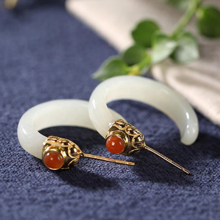 Buddha Stones 925 Sterling Silver Hetian Jade Prosperity Curved Earrings  - White Jade(925 Sterling Silver Posts) - image 9