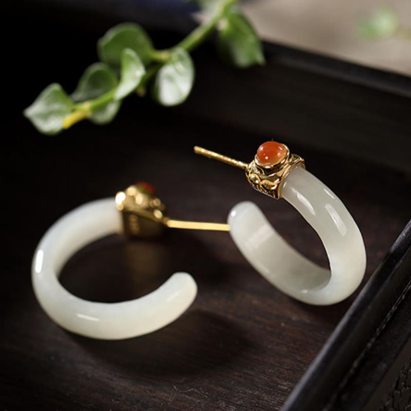 Buddha Stones 925 Sterling Silver Hetian Jade Prosperity Curved Earrings  - image 12