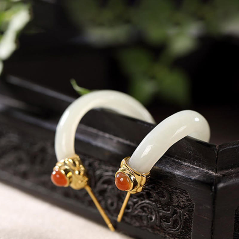 Buddha Stones 925 Sterling Silver Hetian Jade Prosperity Curved Earrings  - image 13